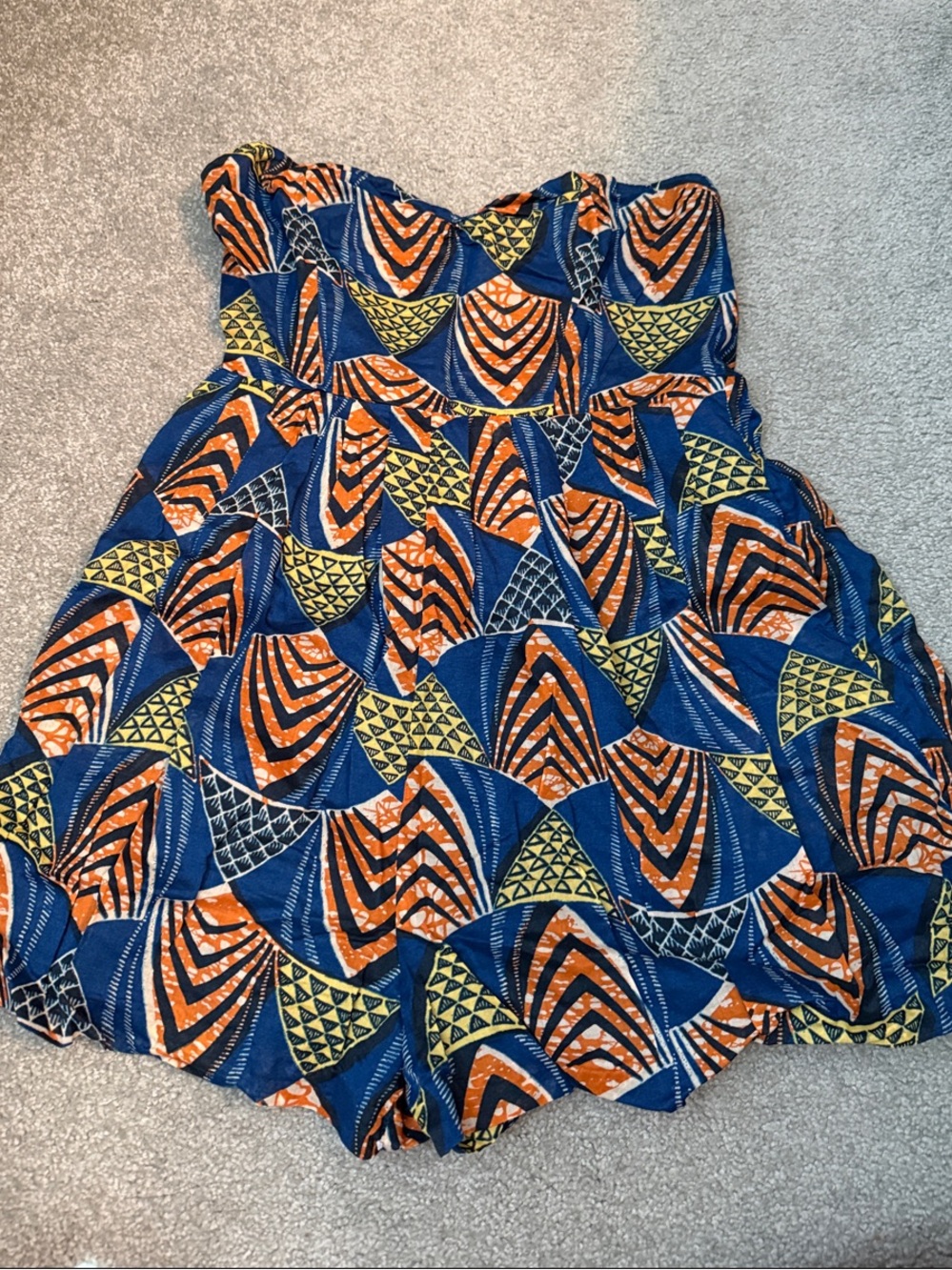 Moda International Blue Strapless Romper with Orange & Yellow Geometric Print